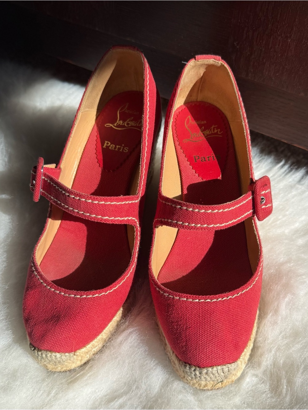 Christian Louboutin Red Canvas Espadrille Mary Jane Wedges